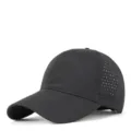 Detailed view of black quick-dry baseball cap with side laser-cut breathable holes and brim. - Black
