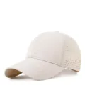 Close-up of beige quick-dry baseball cap featuring breathable side ventilation holes. - Khaki