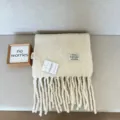 Winter women's cozy lamb wool blend scarf with cute tassels, soft warm off-white knit shawl. - Off White