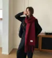 Women's Winter Burgundy Wool Blend Scarf, Cozy Tassel Long Scarf Variant Display - Burgundy