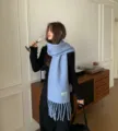 Women winter light blue wool blend fringe scarf cozy warm stylish fashion shawl apparel - Light Gray