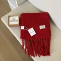 Cozy red wool blend winter scarf with thick fringes and stylish label for women. - Red