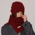 Mujer invierno pura lana gorro y bufanda conjunto tejido cálido elegante moda atuendos - Conjuntos / Rojo