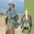 Ethnic Style Colorful Wave Pattern Split Cape Cloak Thickened Warm Women Shawl - 135x150cm / Green & Coffee