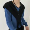 Women pure wool knitted cross button shawl blue sweater fashion outer wear stylish winter scarf - Black