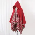Roter Kapuzen Umhang mit Kaschmir Imitat ethnischer Stil modischer Damen Poncho Schal. - Cape / 130x150cm / Rot