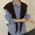 Brown wool buttoned capelet variant, stylish knitted cross shawl for women winter fashion wear. - Coffee
