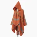 Estilo étnico capa naranja con capucha patrón tribal poncho chal cálido de lana mujer - Capa / Naranja