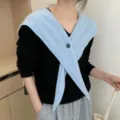 Korean style pure wool button cross pointed shawl, elegant black top matching variant. - Light Blue