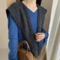 Women's pure wool button cross pointed shawl stylish knitted bolero scarf winter outerwear - Dark Gray
