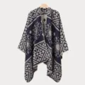Donna retro geometrico lavorato a maglia inverno mantella scialle aperto caldo cappotto - Sciarpa con spacco / Blu Notte