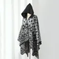 Ethnic geometric hooded knitted poncho cape shawl winter warm travel outerwear fashion women - Cape / Colorful Geometric Black Gray