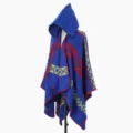 Poncho de punto con capucha azul variante, chal capa de invierno cálido con patrón étnico. - Capa / Azul