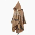 Capa poncho de punto con capucha étnica, chal geométrico retro cálido para viajar. - Capa / Camel