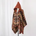 Ethnic geometric hooded shawl for women, vintage retro tribal cape for travel and daily wear. - Cape / Colorful Geometric Caramel