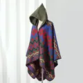 Colorful ethnic geometric hooded poncho cape for travel warm outerwear stylish winter shawl. - Cape / Colorful Geometric Blue Green
