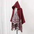 Red paisley hooded cashmere-feel cloak, ethnic style winter warm cape shawl. - Cape / 130x150cm / Burgundy