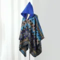 Ethnic style geometric hooded knitted poncho warm winter cape shawl for travel outdoor. - Cape / Colorful Geometric Blue
