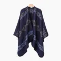 Capa abierta tejida geométrica de estilo étnico chal de invierno cálido vintage para viaje - Bufanda con abertura / Azul marino