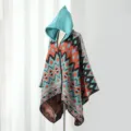 Ethnic geometric hooded poncho shawl variant, colorful warm winter outer cloak for travel. - Cape / Colorful Geometric Green Orange