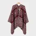 Donna poncho lavorato a maglia geometrico retro inverno caldo mantella etnica - Sciarpa con spacco / Borgogna