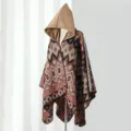 Ethnic color geometric hooded shawl cloak, comfortable knit warm cape for women travel wear. - Cape / Colorful Geometric Camel