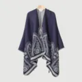 Navy blue cashmere feel paisley poncho stylish ethnic cape for women winter warmth - Slit Scarf / 130x150cm / Navy Blue