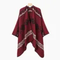 Poncho capa de punto geométrico rojo estilo étnico, elegante chal cálido de invierno. - Bufanda con abertura / Burdeos