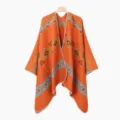 Chal abierto de punto naranja con patrón geométrico estilo étnico poncho retro cómodo - Bufanda con abertura / Naranja