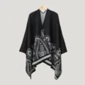Ethnic style warm travel cape, elegant paisley knitted poncho cloak for women daily wear. - Slit Scarf / 130x150cm / Black
