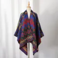 Ethnic geometric knit shawl cape warm winter outerwear boho style fashion clothing item - Slit Scarf / Colorful Geometric Blue Green