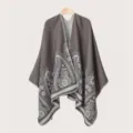 Ethnic style paisley patterned knitted cape, dark grey warm winter shawl for women. - Slit Scarf / 130x150cm / Gray