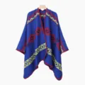 Capa poncho de punto etnico azul con patron geometrico frente abierto abrigo de invierno - Bufanda con abertura / Azul
