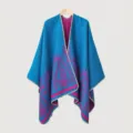 Blue pink paisley cashmere feel fringe cape, ethnic style fashion outerwear shawl. - Slit Scarf / 130x150cm / Blue