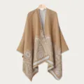 Ethnic Style Cashmere Feel Paisley Print Cape Shawl Brown Open Front Cloak for Women Travel Warm Outerwear - Slit Scarf / 130x150cm / Camel