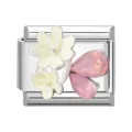 Maglia per bracciale italiano con fiori giallo pallido e cristalli rosa a goccia. - Ala di Fiore Bianco / Argento
