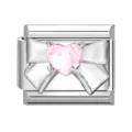 Charm per bracciale modulare italiano con fiocco argento e cristallo cuore rosa - Fiocco / Rosa Strass