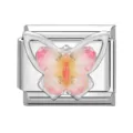 Charm modulare italiano in argento con una farfalla in resina rosa glitterata ed elegante. - Farfalla / Rosa