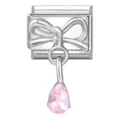 Elegante charm modulare a fiocco argentato con cristallo a goccia rosa per bracciali - ciondolo a fiocco / Argento/Strass Rosa