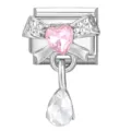 Elegante charm modulare a fiocco argento con cuore rosa e cristallo a goccia chiaro - Ciondolo a Fiocco di Cuore / Rosa/Strass Bianco