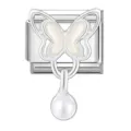 Charm per bracciale modulare a farfalla d'argento con perla pendente e intarsi - Ciondolo Perla Farfalla / Argento/Strass Bianco