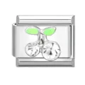Charm modulare italiano in argento con ciliegia in cristallo scintillante e foglie verde smalto - Ciliegia / Strass Bianchi