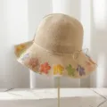 Hochwertiger faltbarer Stroh-Fischerhut mit bunten bestickten Blumen für Damen Sommer Strand Urlaub. - M (56-58cm) / Seil-Modell in Beige