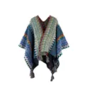 Ethnic style colorful knitted poncho with tassels boho zigzag cape shawl for women travel outdoor. - Blue Beige
