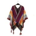 Women ethnic knitted poncho shawl colorful geometric pattern winter warm wrap scarf outerwear - Rainbow