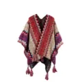 Women bohemian ethnic tassel cape, multi-color chevron knit poncho for winter travel. - Red Rose Colorblock