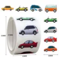 Cartoon car stickers roll and individual vehicle designs detail view with dimensions. - C427 / 200 Stickers / 3 cm