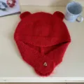 Süße rote Bärenohren Strickmütze flauschige Winter warme Plüschmütze Damen Ski Beanie - M (56-58cm) / Rot