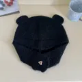 Schwarze Bärenohren Strickmütze, süße flauschige Winter warme Pullover Kappe Damen Beanie. - M (56-58cm) / Schwarz