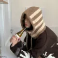 Stylish striped knit balaclava hood for women, cozy winter warm beanie scarf in one. - M (56-58cm) / Khaki